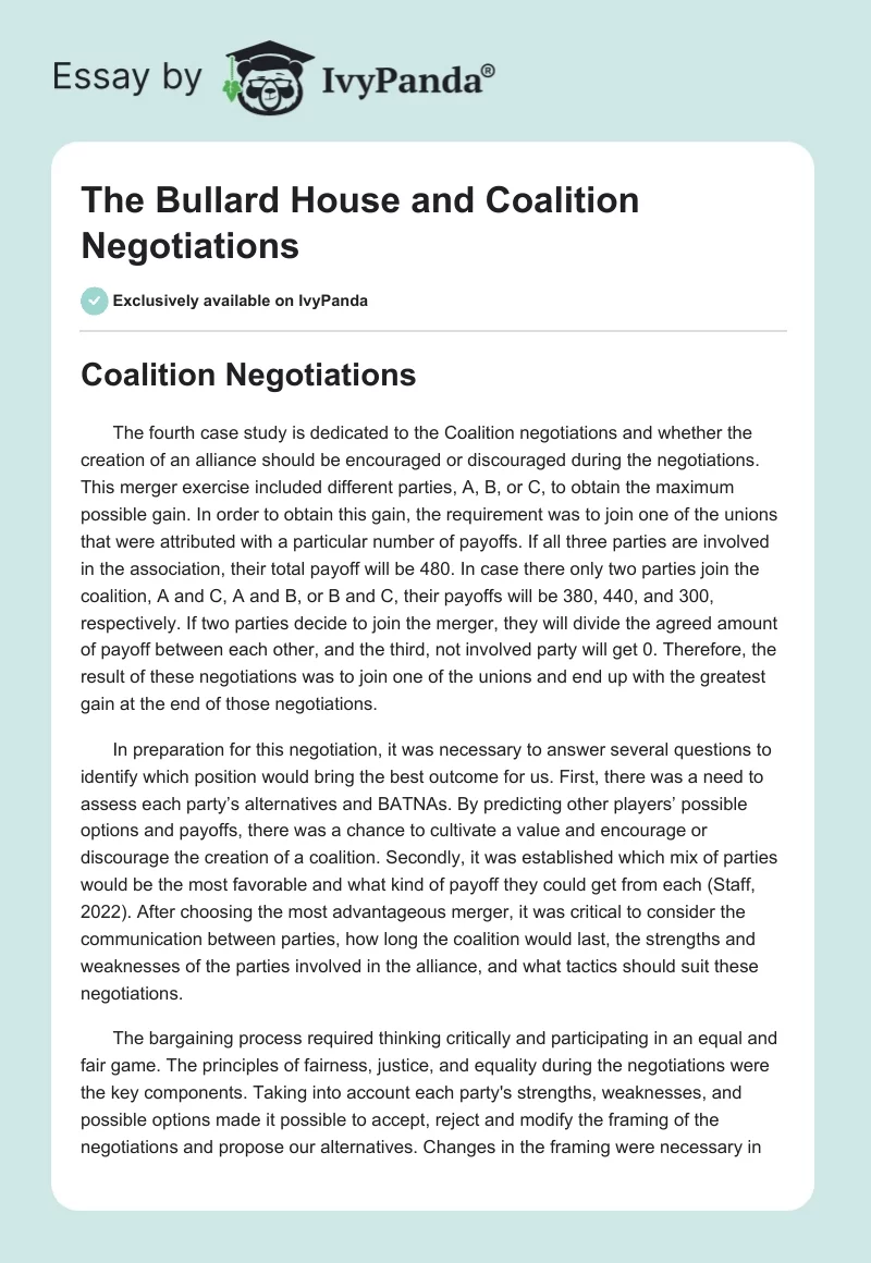 The Bullard House and Coalition Negotiations. Page 1