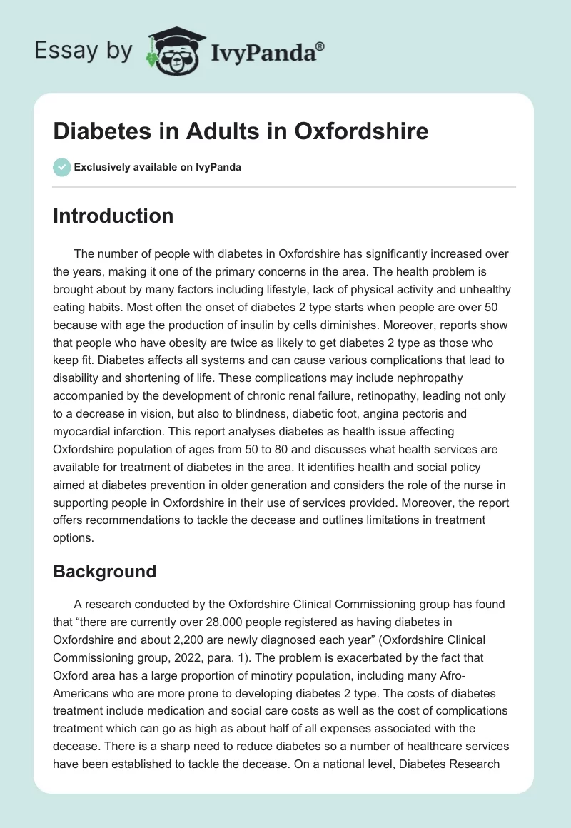 Diabetes in Adults in Oxfordshire. Page 1