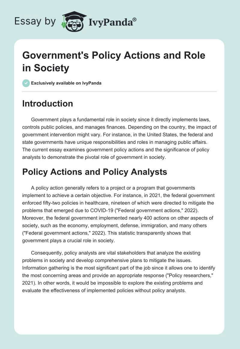 Government's Policy Actions and Role in Society. Page 1