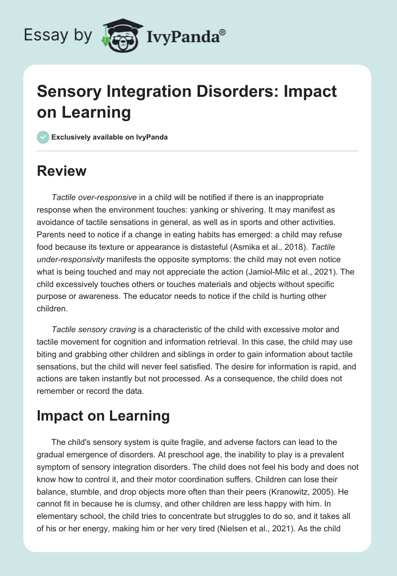 Sensory Integration Disorders: Impact on Learning. Page 1