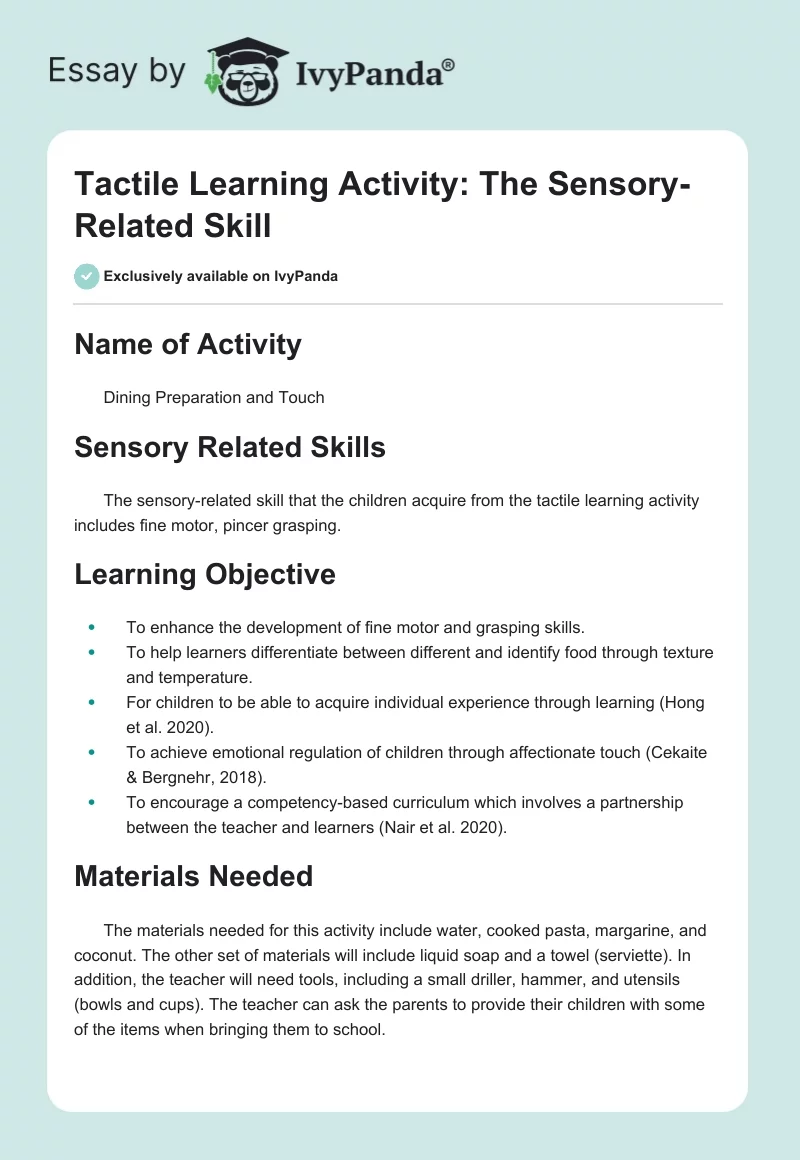 Tactile Learning Activity: The Sensory-Related Skill. Page 1