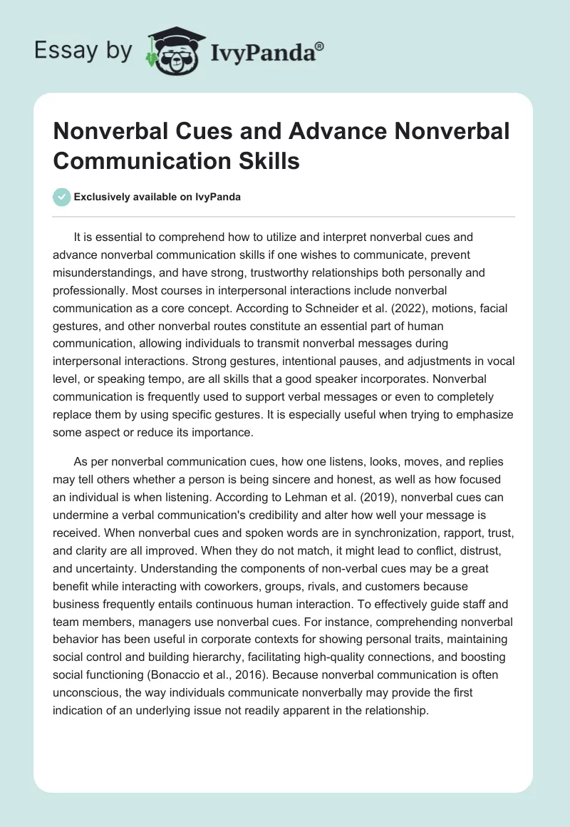 Nonverbal Cues and Advance Nonverbal Communication Skills. Page 1