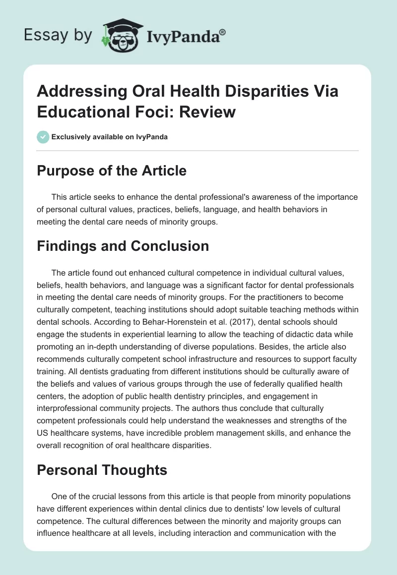 Addressing Oral Health Disparities Via Educational Foci: Review. Page 1