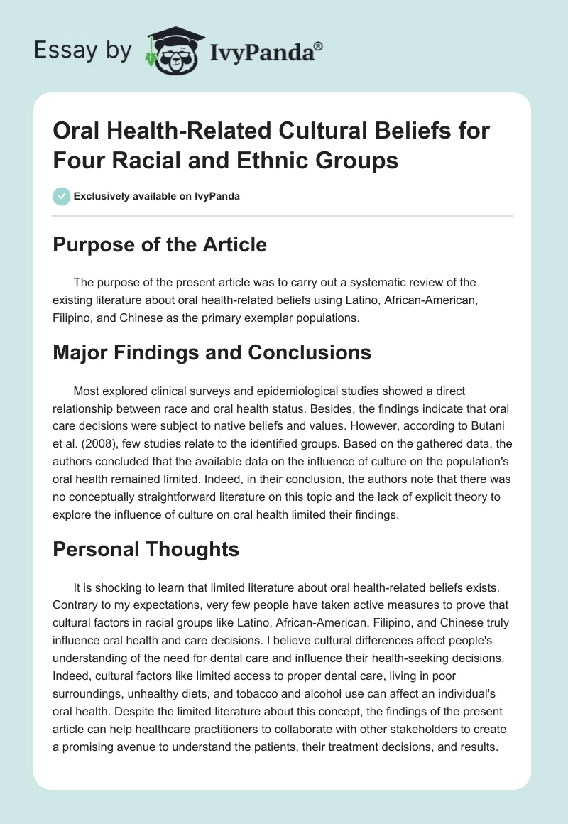 Oral Health-Related Cultural Beliefs for Four Racial and Ethnic Groups. Page 1