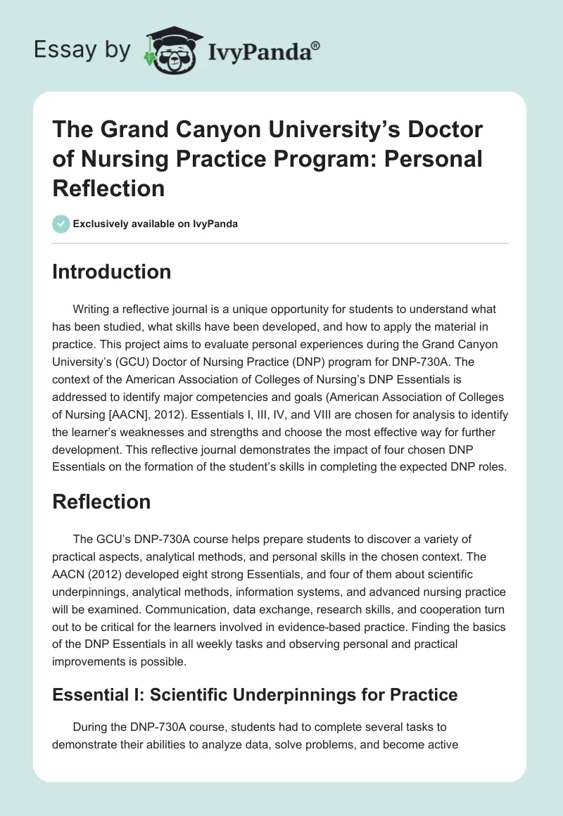 The Grand Canyon University’s Doctor of Nursing Practice Program: Personal Reflection. Page 1