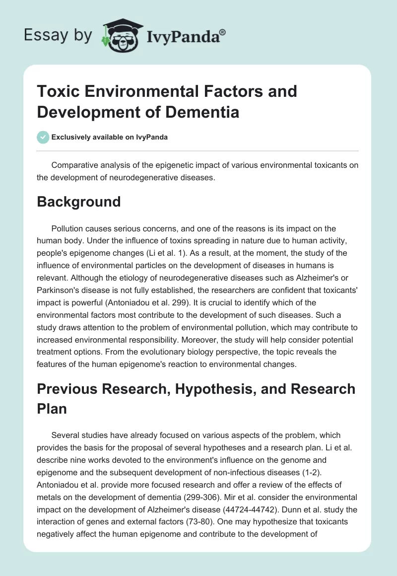 Toxic Environmental Factors and Development of Dementia. Page 1