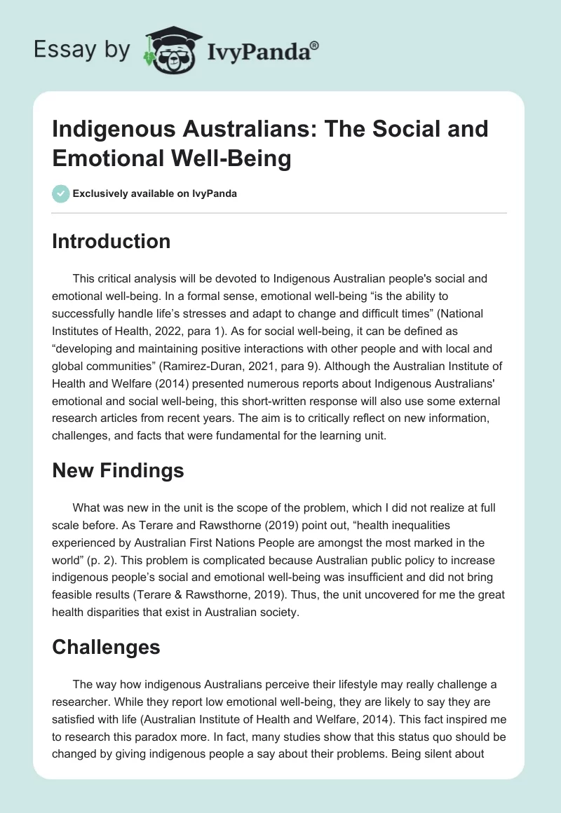 Indigenous Australians: The Social and Emotional Well-Being. Page 1