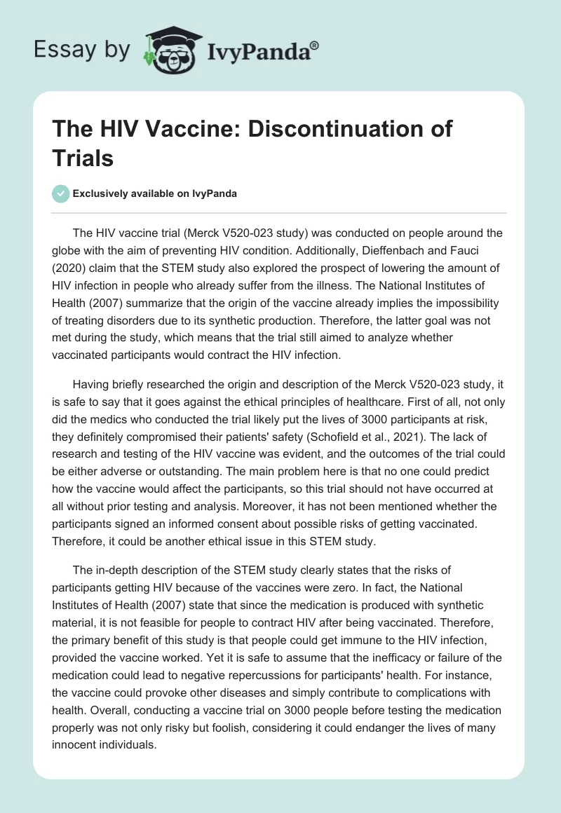 The HIV Vaccine: Discontinuation of Trials. Page 1