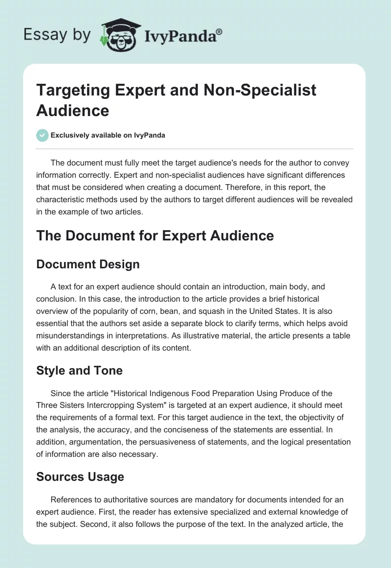 Targeting Expert and Non-Specialist Audience. Page 1