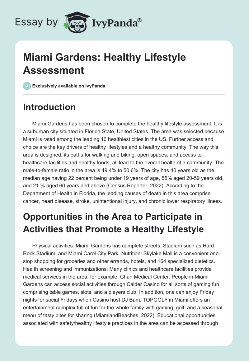 Miami Gardens: Healthy Lifestyle Assessment. Page 1