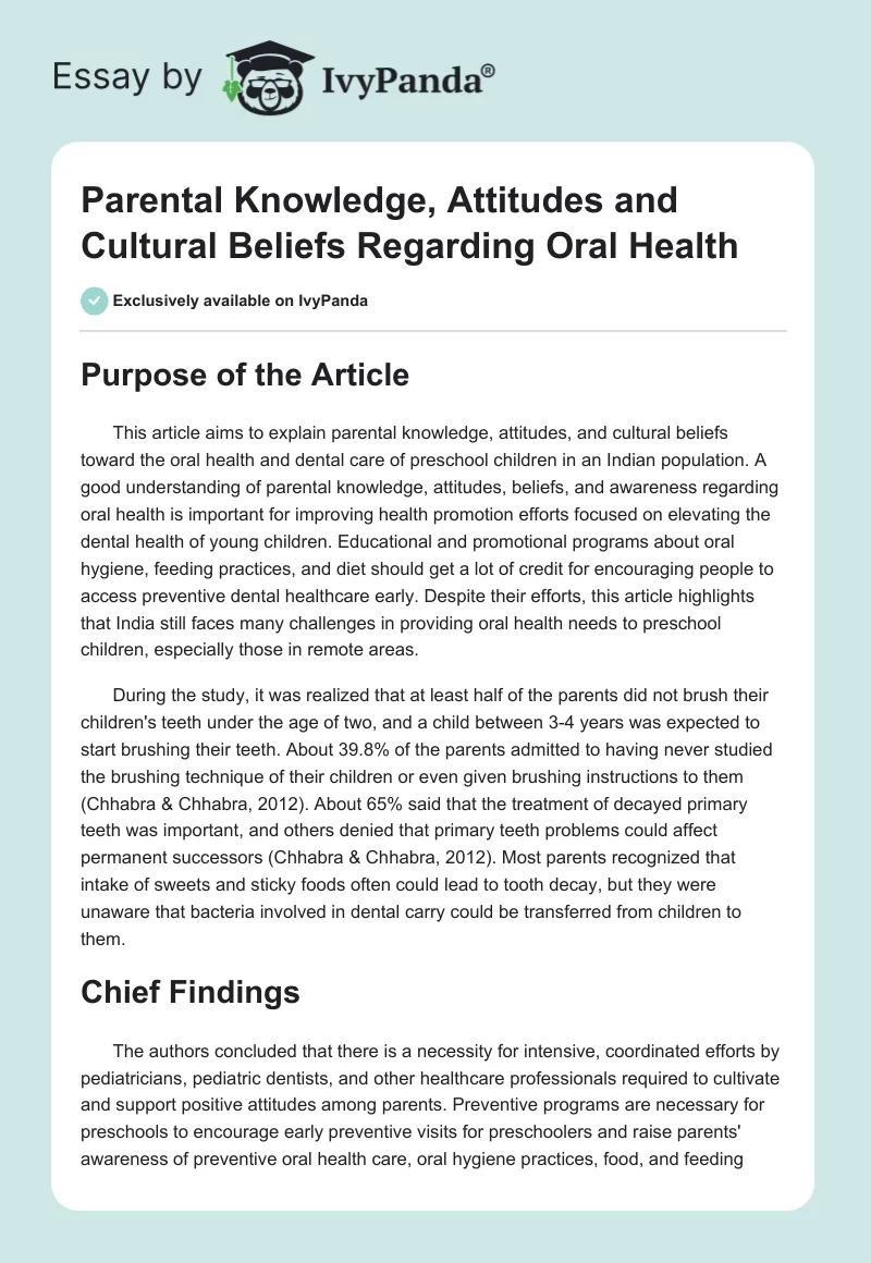 Parental Knowledge, Attitudes, and Cultural Beliefs Regarding Oral Health. Page 1
