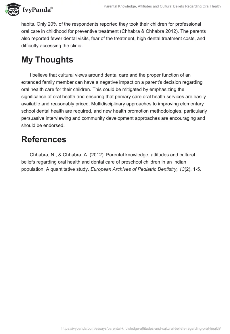 Parental Knowledge, Attitudes, and Cultural Beliefs Regarding Oral Health. Page 2