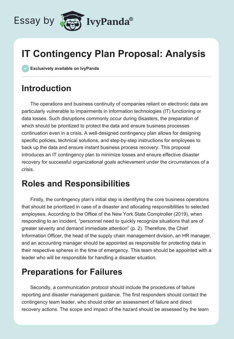 IT Contingency Plan Proposal: Analysis. Page 1