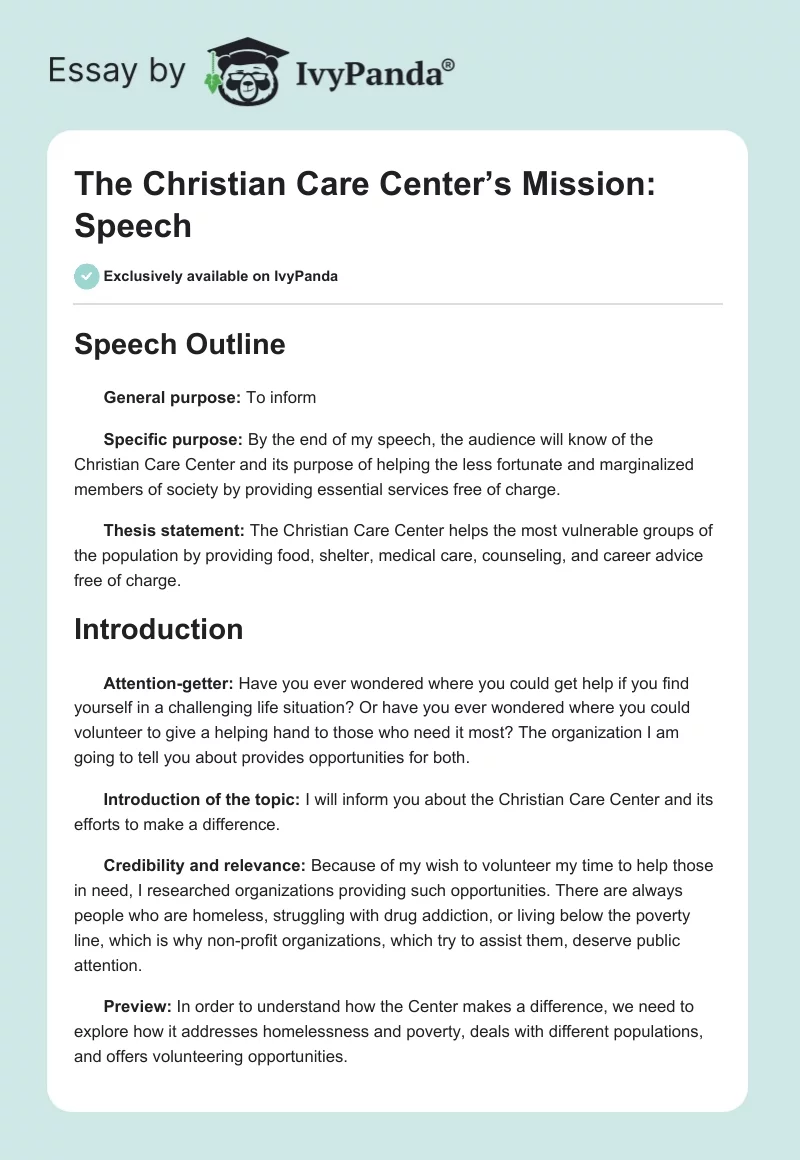 The Christian Care Center’s Mission: Speech. Page 1