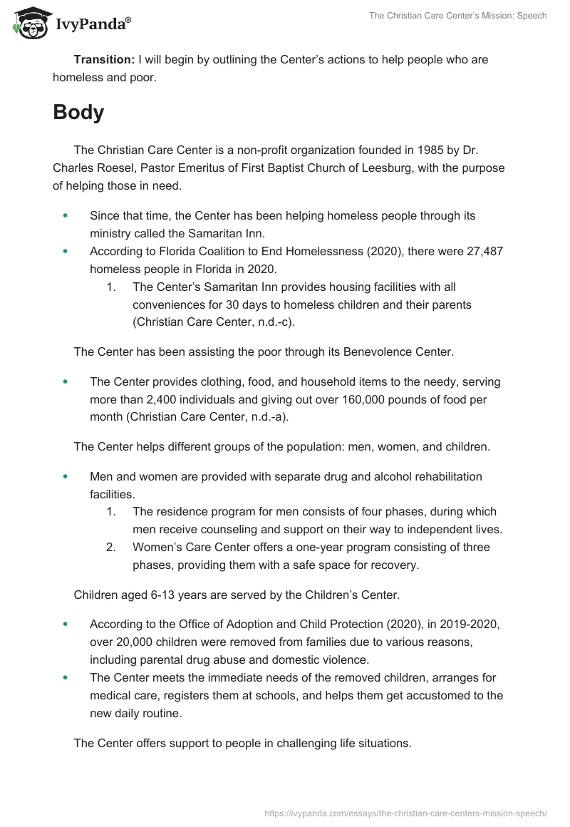 The Christian Care Center’s Mission: Speech. Page 2