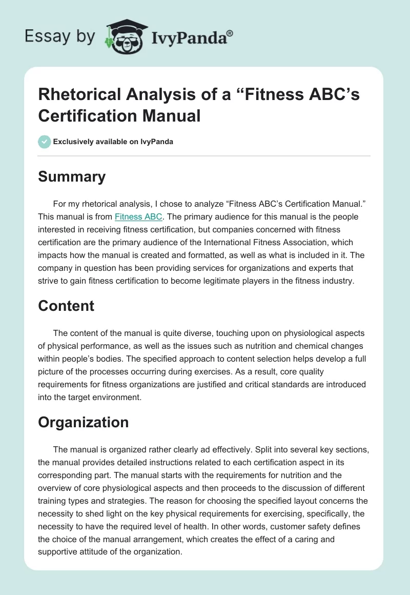 Rhetorical Analysis of a “Fitness ABC’s Certification Manual". Page 1