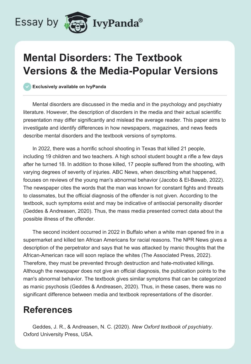 Mental Disorders: The Textbook Versions & the Media-Popular Versions. Page 1