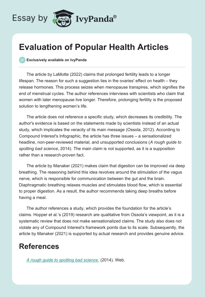 Evaluation of Popular Health Articles. Page 1