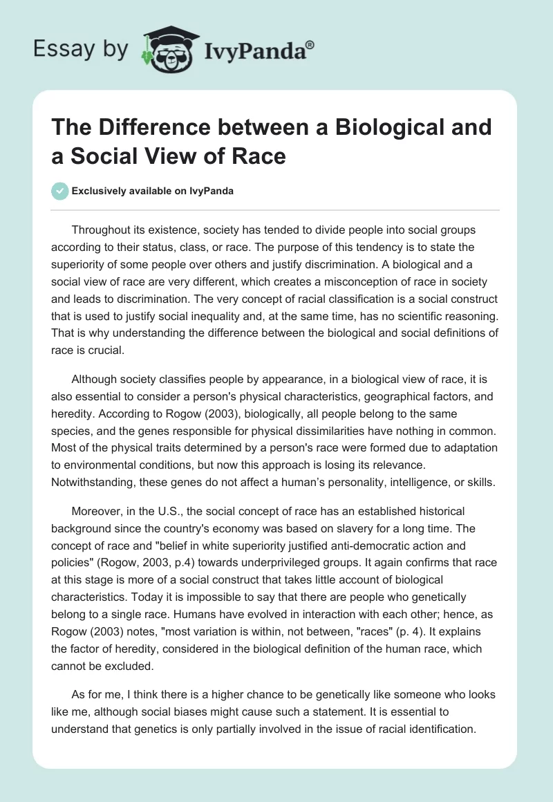 The Difference between a Biological and a Social View of Race. Page 1