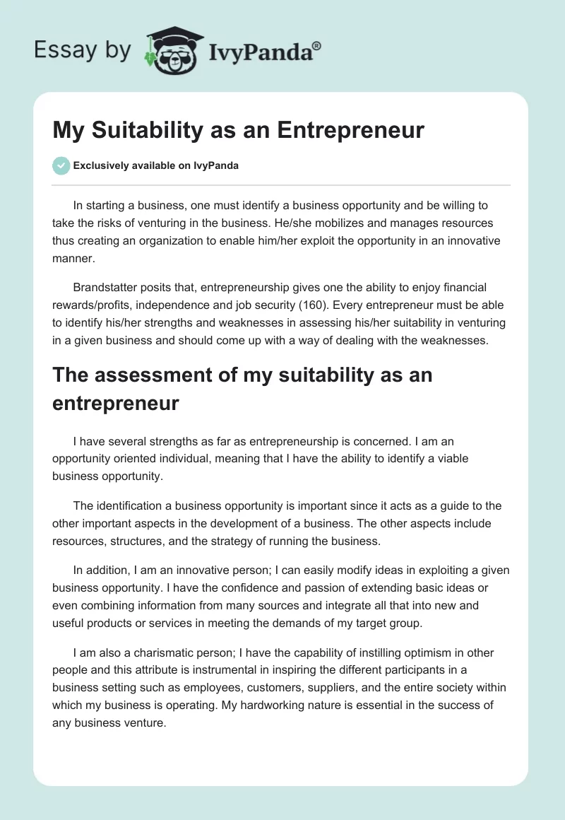 My Suitability as an Entrepreneur. Page 1