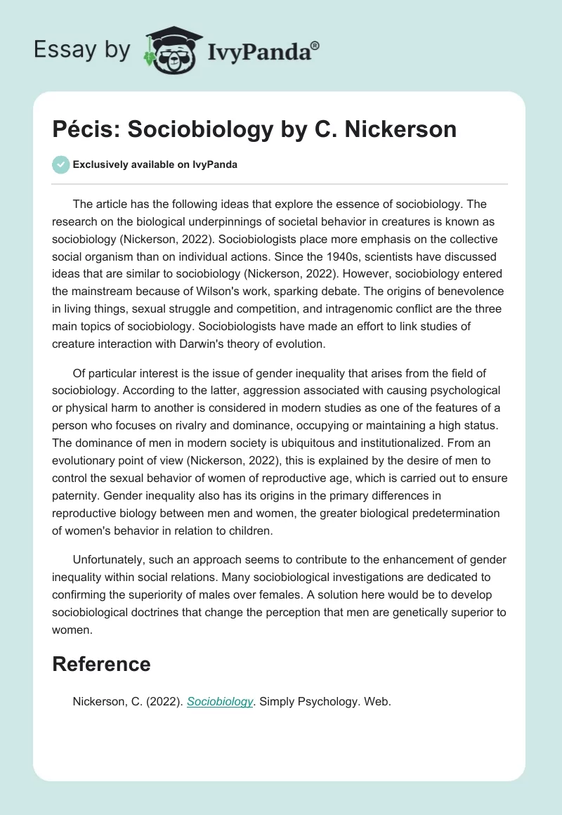 "Pécis: Sociobiology" by C. Nickerson. Page 1