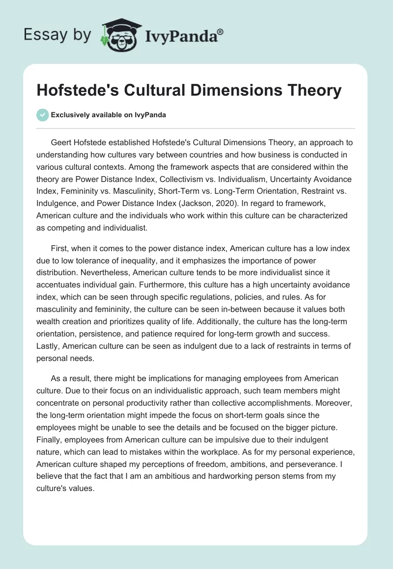 Hofstede's Cultural Dimensions Theory. Page 1