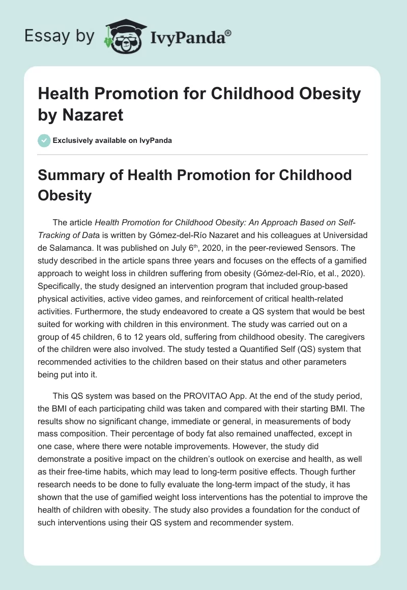 Health Promotion for Childhood Obesity by Nazaret. Page 1