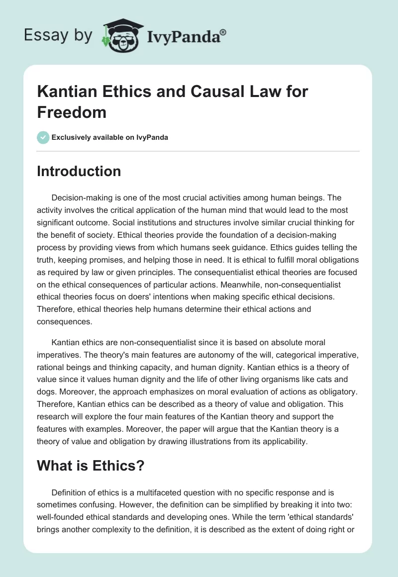 Kantian Ethics and Causal Law for Freedom. Page 1