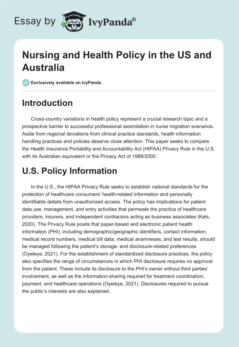 Nursing and Health Policy in the US and Australia. Page 1