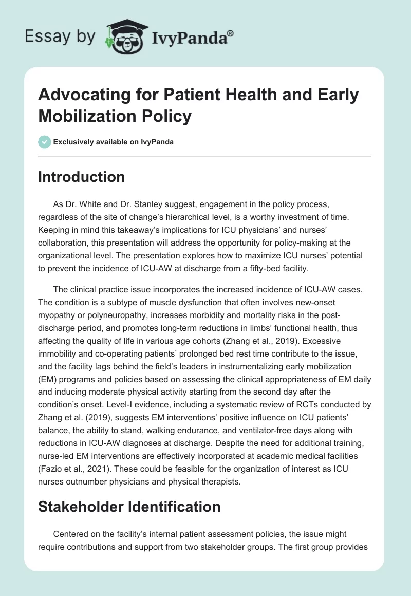 Advocating for Patient Health and Early Mobilization Policy. Page 1