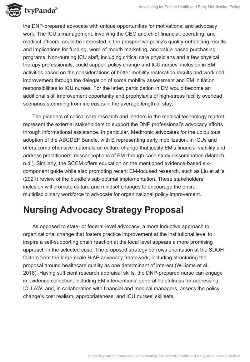 Advocating for Patient Health and Early Mobilization Policy. Page 2