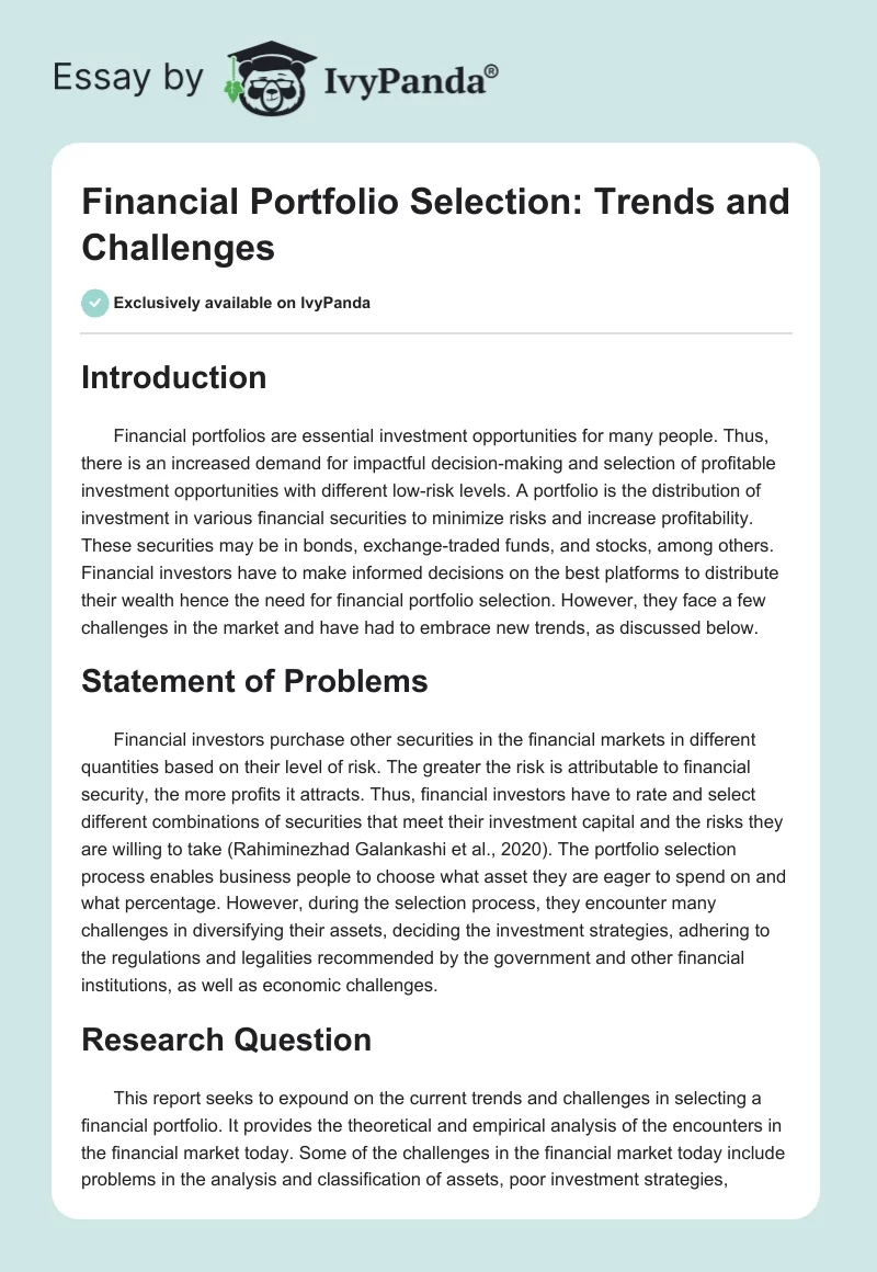 Financial Portfolio Selection: Trends and Challenges. Page 1