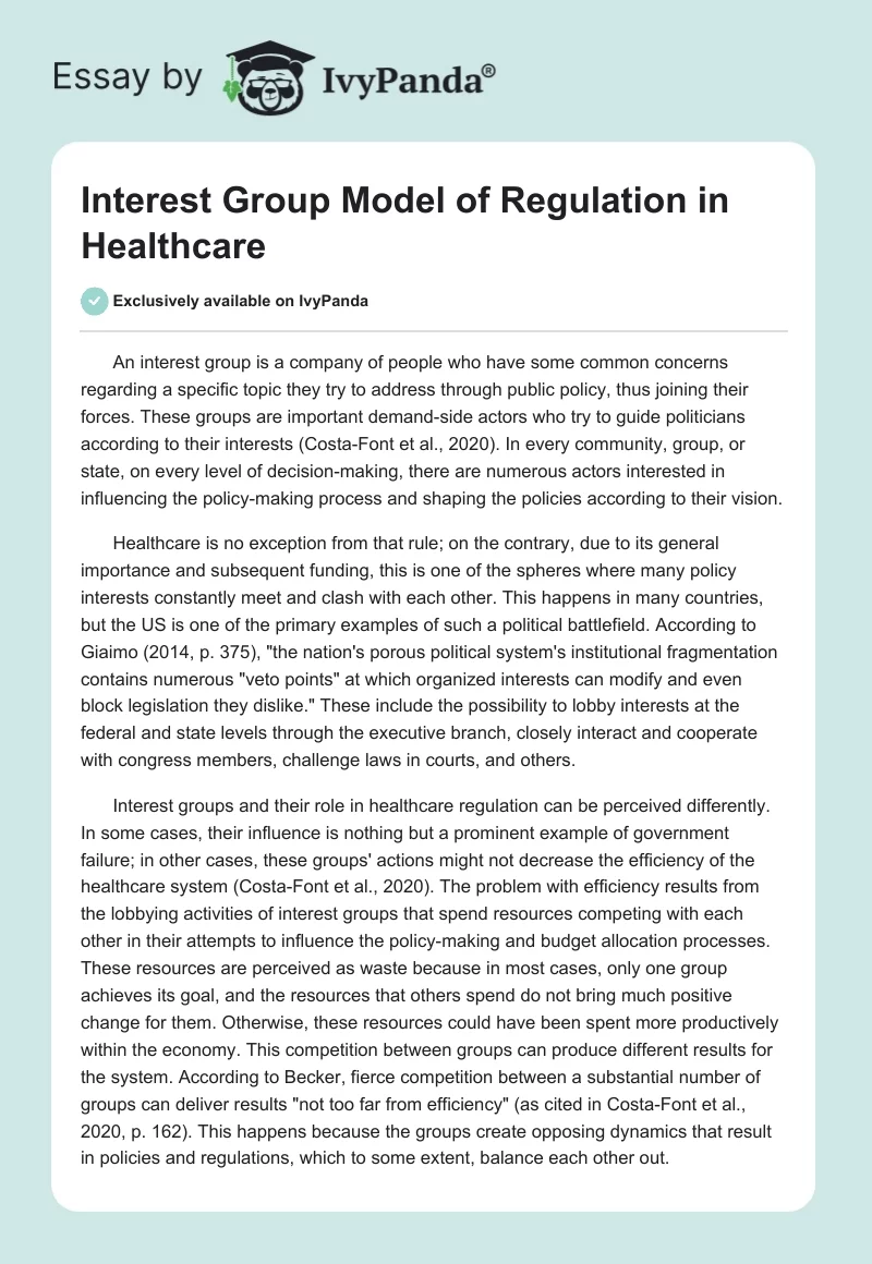 Interest Group Model of Regulation in Healthcare. Page 1