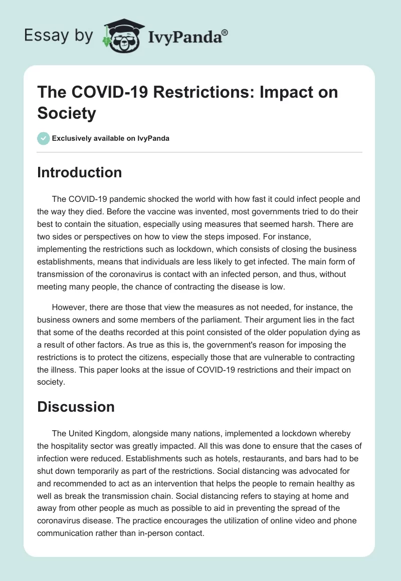 The COVID-19 Restrictions: Impact on Society. Page 1
