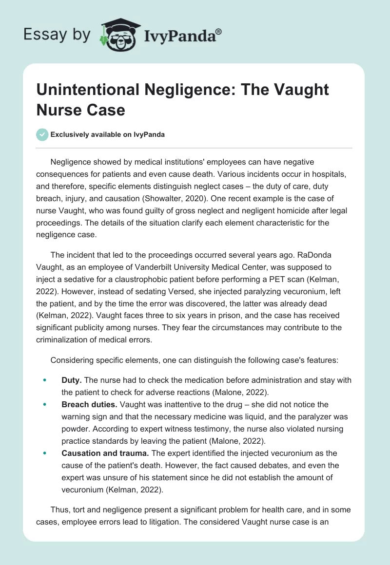 Unintentional Negligence: The Vaught Nurse Case. Page 1