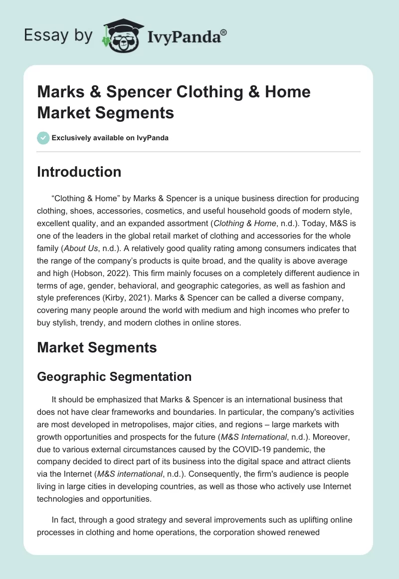 Marks & Spencer Clothing & Home Market Segments. Page 1