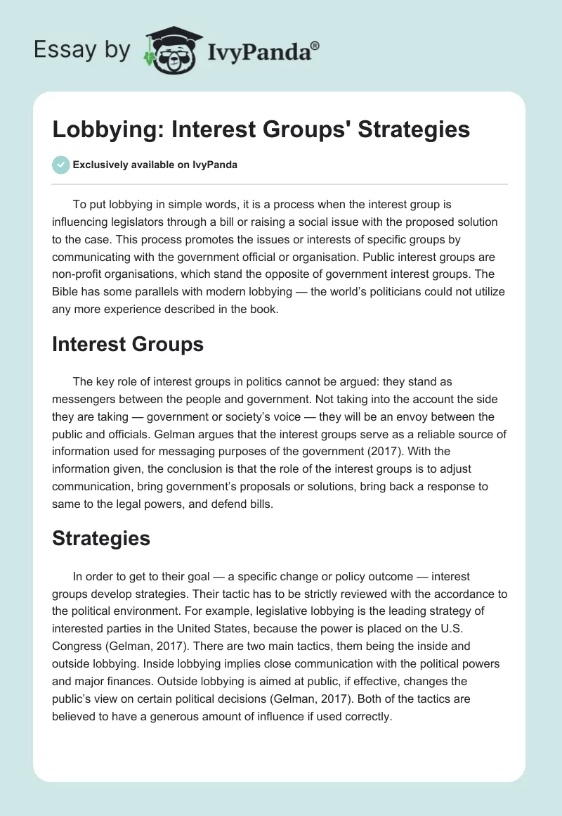 Lobbying: Interest Groups' Strategies - 573 Words | Essay Example