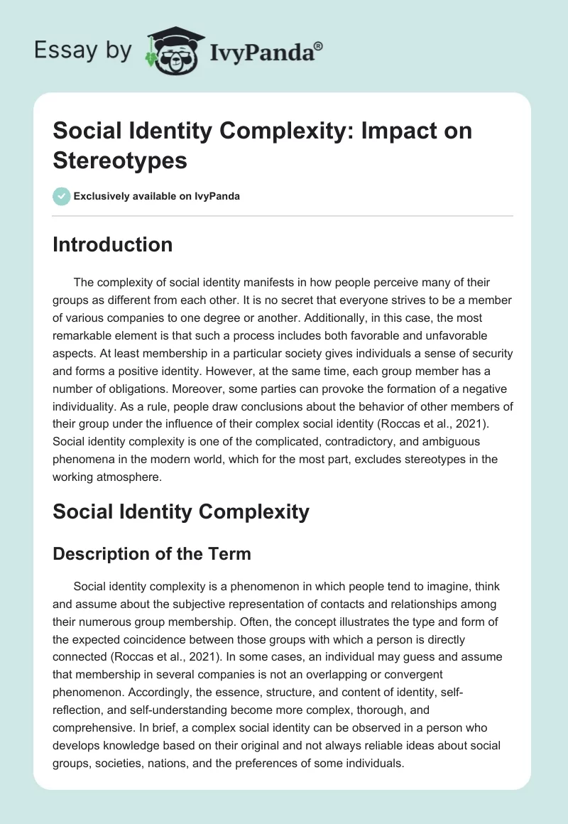Social Identity Complexity: Impact on Stereotypes. Page 1