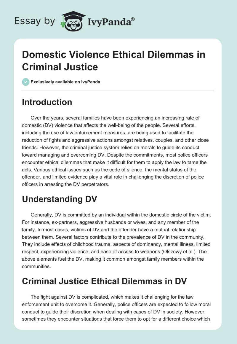 Domestic Violence Ethical Dilemmas in Criminal Justice. Page 1