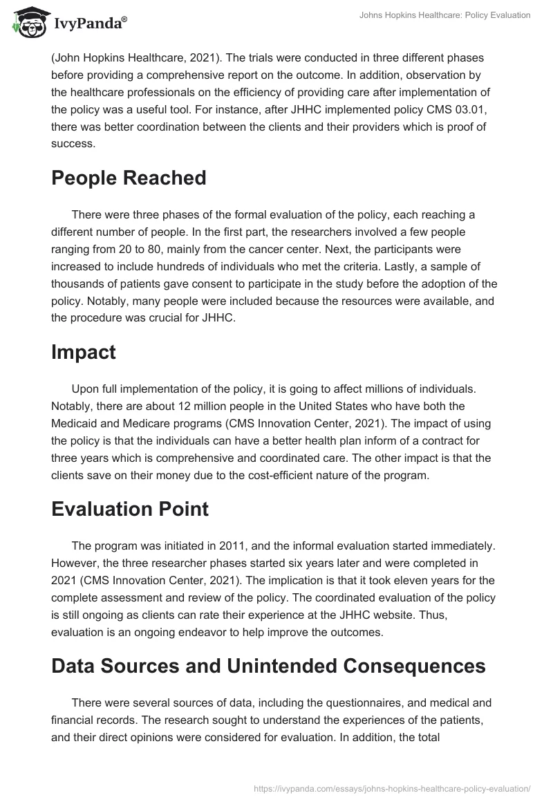 Johns Hopkins Healthcare: Policy Evaluation. Page 2