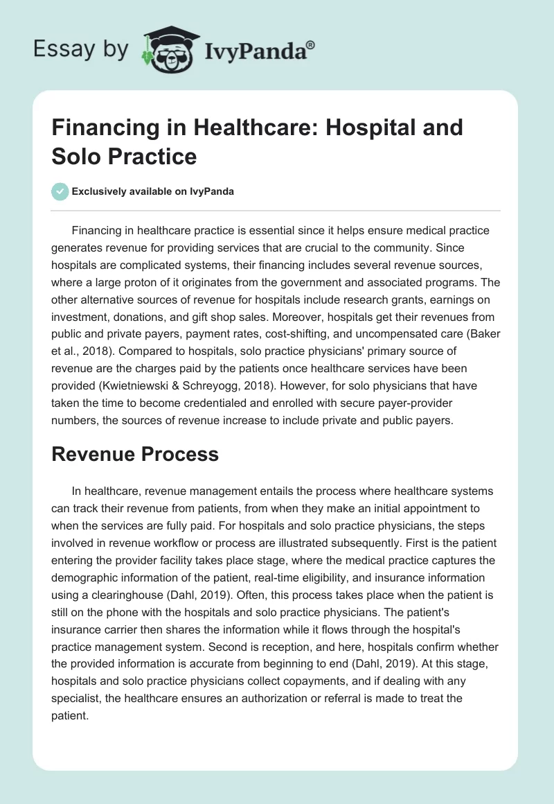 Financing in Healthcare: Hospital and Solo Practice. Page 1