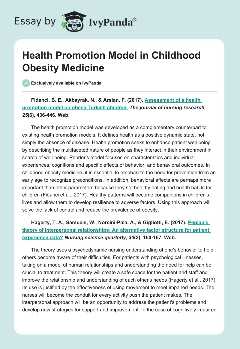 Health Promotion Model in Childhood Obesity Medicine. Page 1