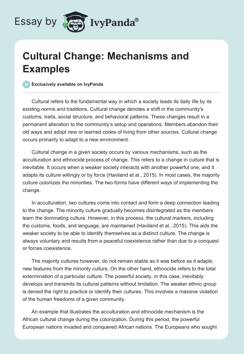 Cultural Change: Mechanisms and Examples. Page 1