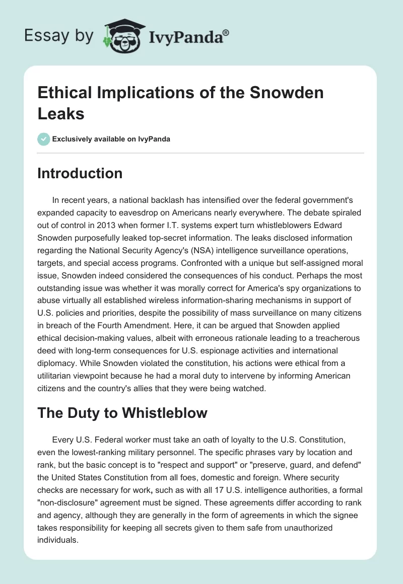Ethical Implications of the Snowden Leaks. Page 1