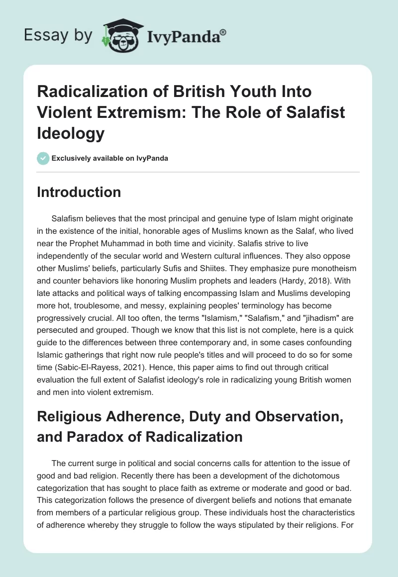 Radicalization of British Youth Into Violent Extremism: The Role of Salafist Ideology. Page 1