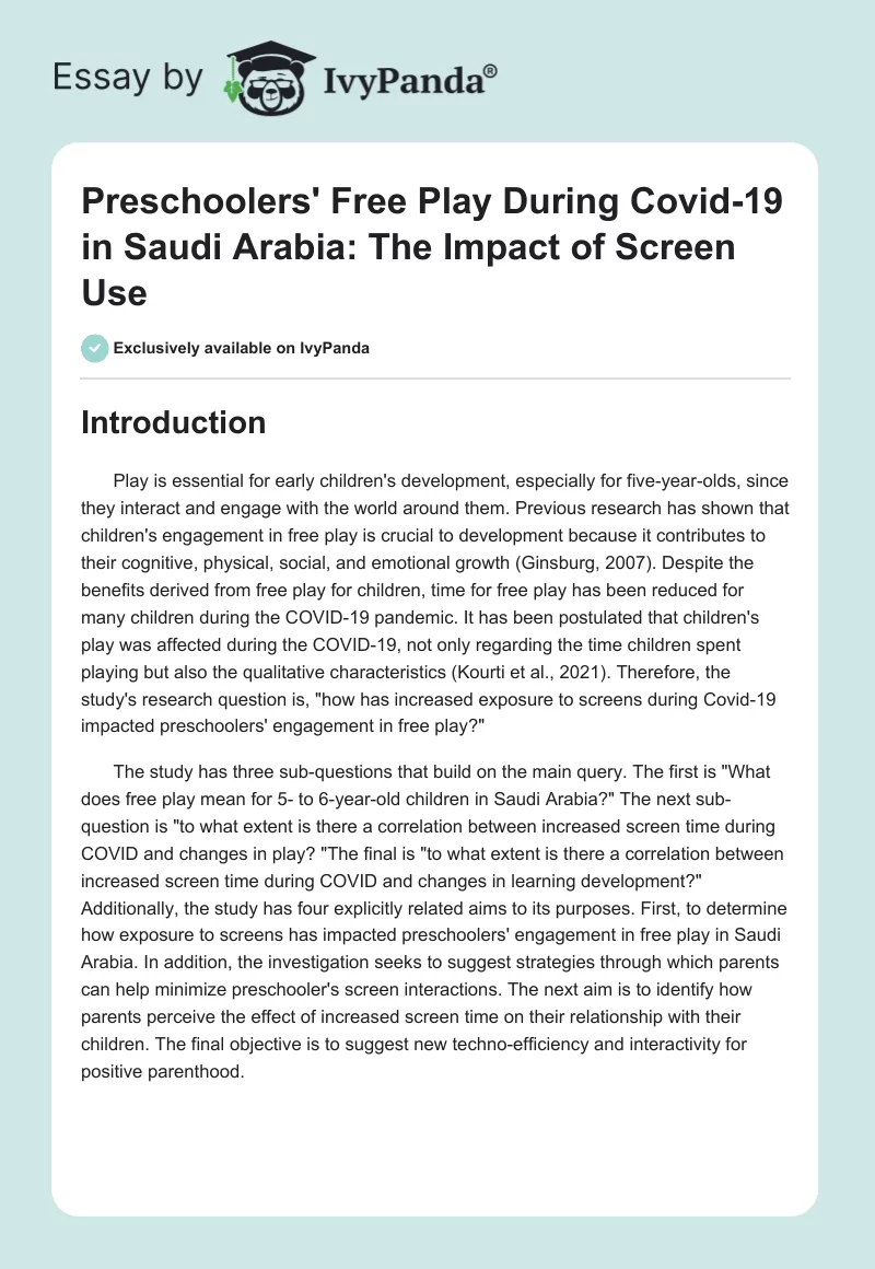 Preschoolers' Free Play During Covid-19 in Saudi Arabia: The Impact of Screen Use. Page 1