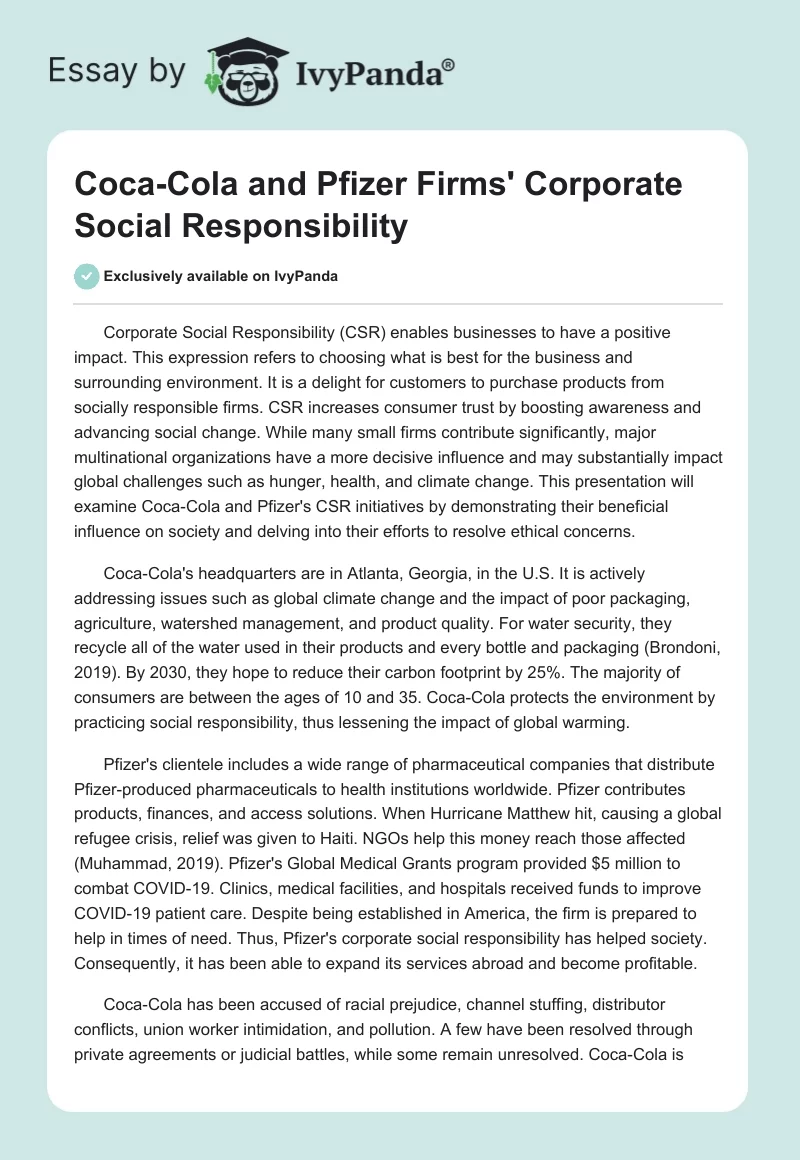 Coca-Cola and Pfizer Firms' Corporate Social Responsibility. Page 1