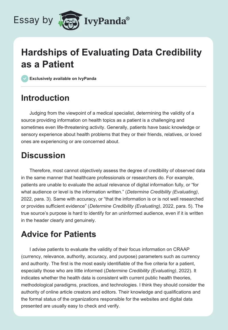Hardships of Evaluating Data Credibility as a Patient. Page 1