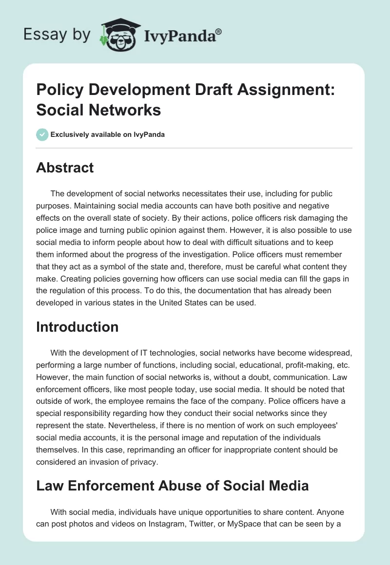 Policy Development Draft Assignment: Social Networks. Page 1