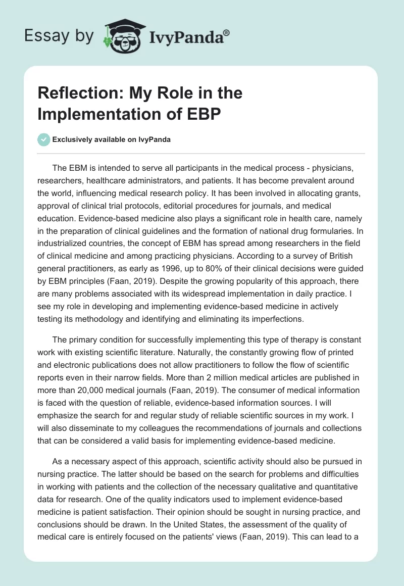 Reflection: My Role in the Implementation of EBP. Page 1